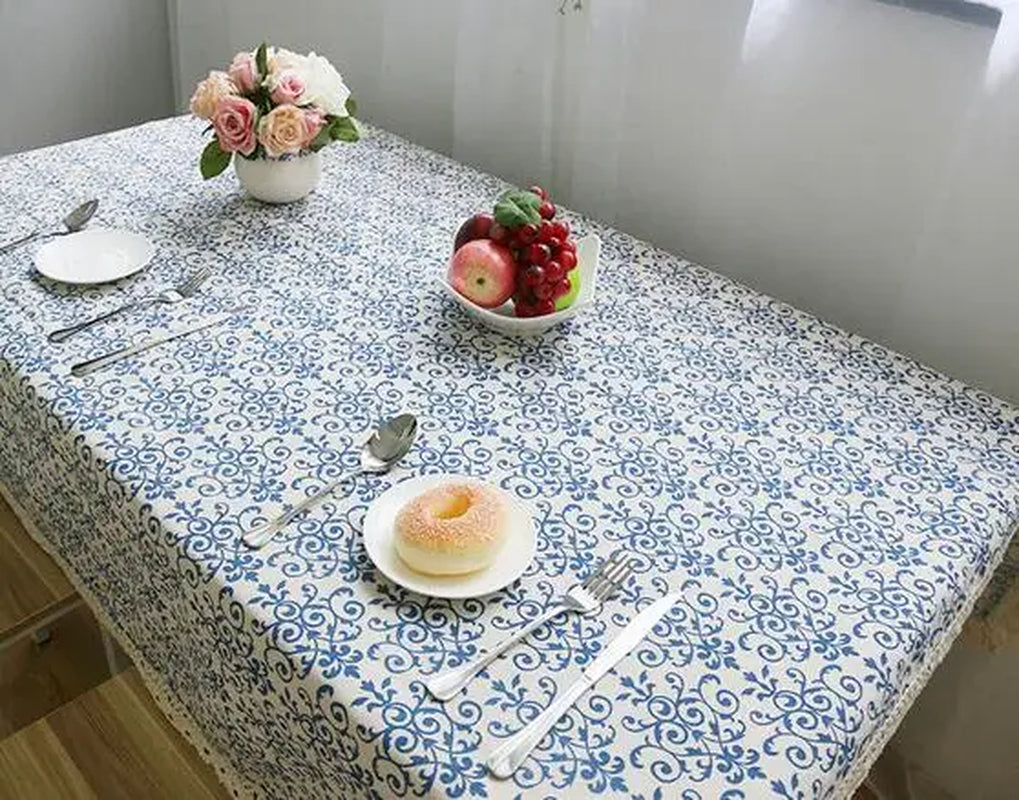 Blue Flower Retro Lace Tablecloth Chinese Style Cotton Table Cloth Rectangular Dinning Table Cloth for Table Picnic
