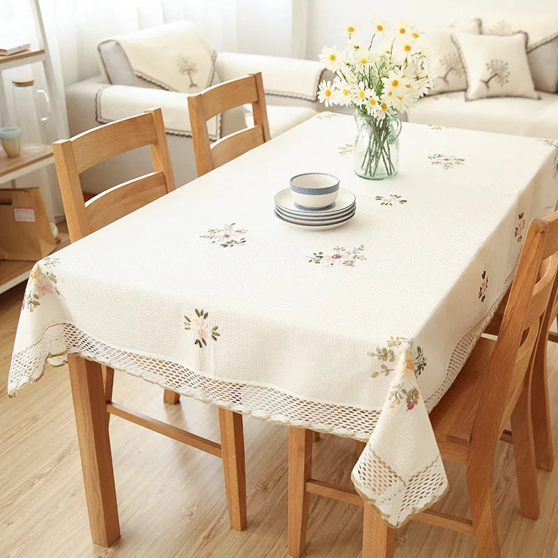 Europe Flowers Tablecloth White Hollow Lace Cotton Linen Dustproof Table Cloth 