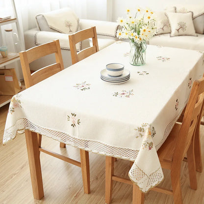 Europe Flowers Tablecloth White Hollow Lace Cotton Linen Dustproof Table Cloth 