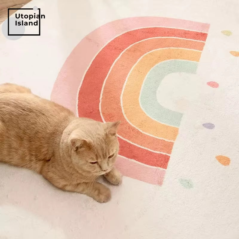 Rainbow Round Carpet Modern Fluffy Rug - Children Baby Bedroom Carpet Home Kids 