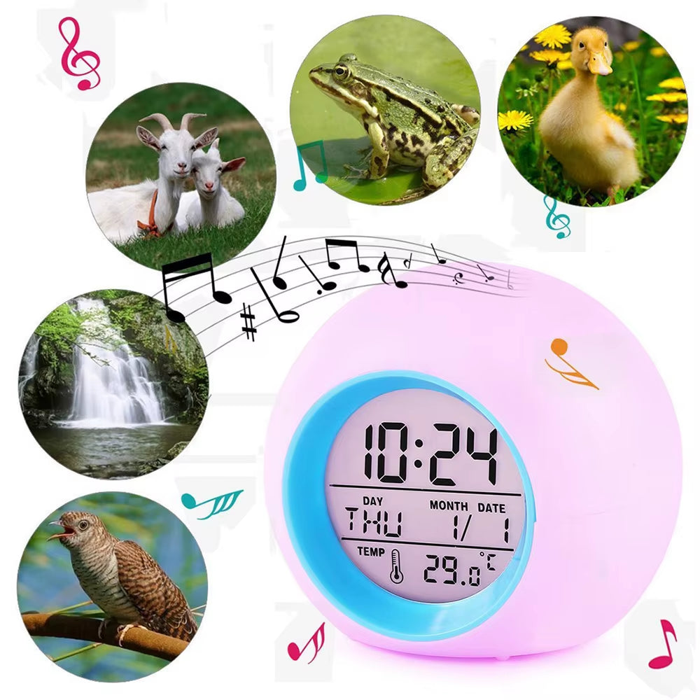 Kids Digital Alarm Clock 7 Color Night Light Snooze Temperature Detect Children Sleep Bedside Cute Wake up Timer Alarm Clock