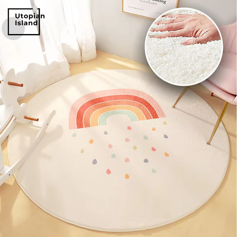 Rainbow Round Carpet Modern Fluffy Rug - Children Baby Bedroom Carpet Home Kids 