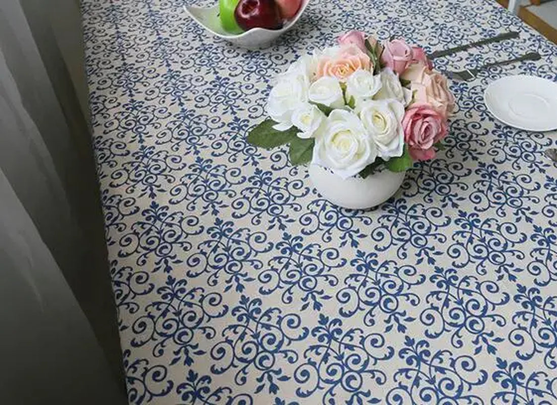 Blue Flower Retro Lace Tablecloth Chinese Style Cotton Table Cloth Rectangular Dinning Table Cloth for Table Picnic