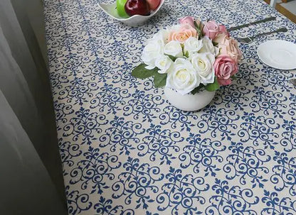 Blue Flower Retro Lace Tablecloth Chinese Style Cotton Table Cloth Rectangular Dinning Table Cloth for Table Picnic