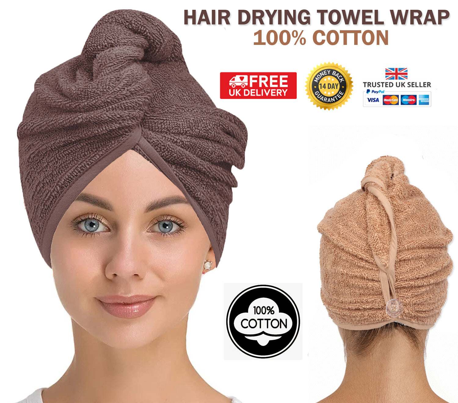 100% Cotton Hair Drying Towel Wrap after Shower Quick Dry Hair Turban Hat Cap UK