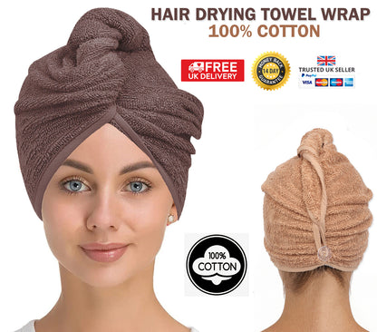 100% Cotton Hair Drying Towel Wrap after Shower Quick Dry Hair Turban Hat Cap UK