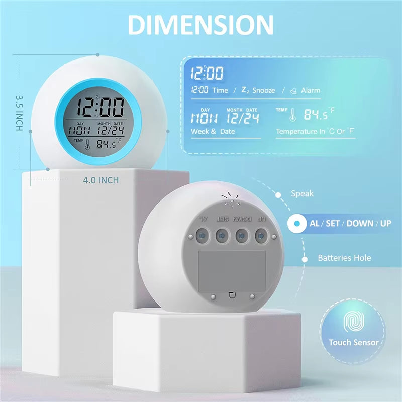 Kids Digital Alarm Clock 7 Color Night Light Snooze Temperature Detect Children Sleep Bedside Cute Wake up Timer Alarm Clock