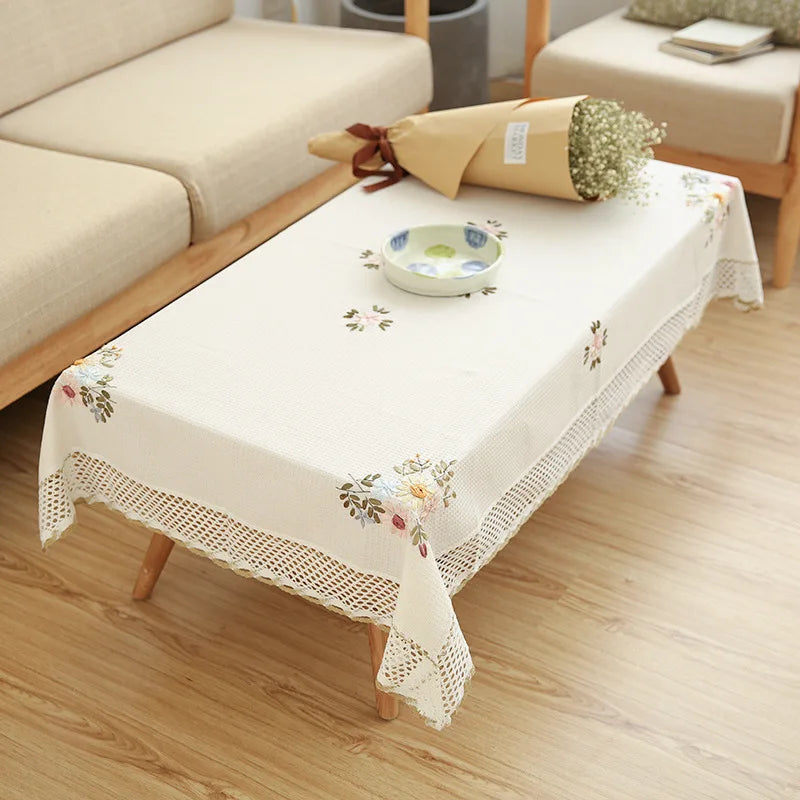 Europe Flowers Tablecloth White Hollow Lace Cotton Linen Dustproof Table Cloth 