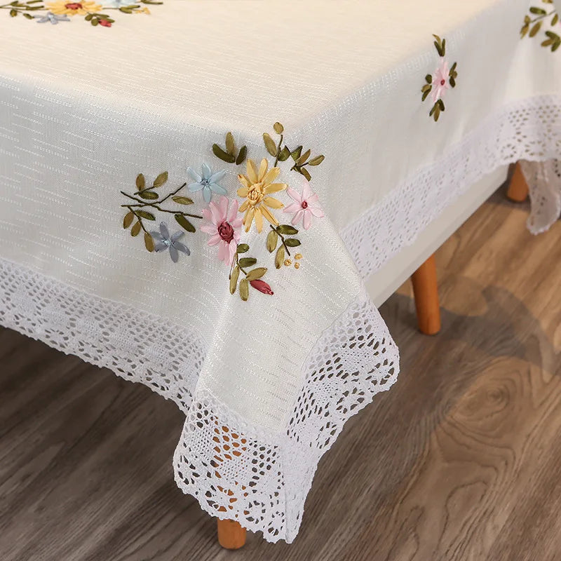 Europe Flowers Tablecloth White Hollow Lace Cotton Linen Dustproof Table Cloth 