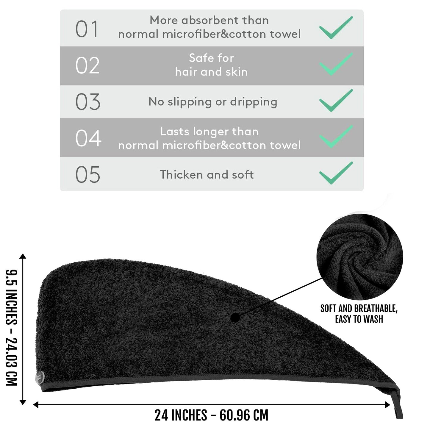 100% Cotton Hair Drying Towel Wrap after Shower Quick Dry Hair Turban Hat Cap UK