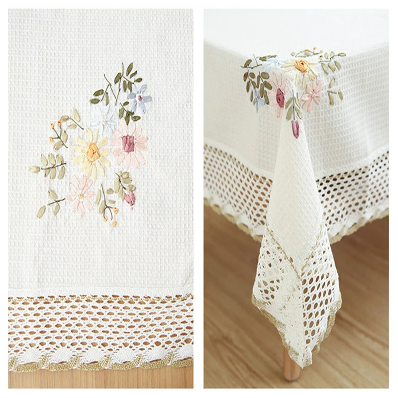 Europe Flowers Tablecloth White Hollow Lace Cotton Linen Dustproof Table Cloth 