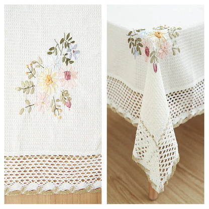 Europe Flowers Tablecloth White Hollow Lace Cotton Linen Dustproof Table Cloth 