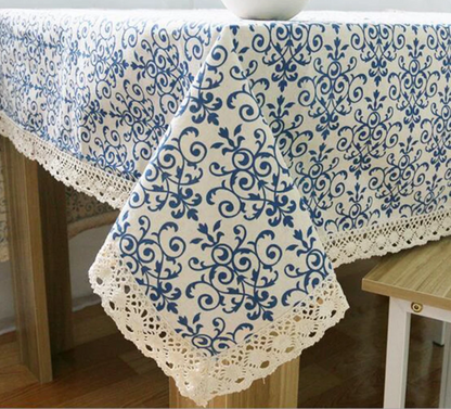 Blue Flower Retro Lace Tablecloth Chinese Style Cotton Table Cloth Rectangular Dinning Table Cloth for Table Picnic