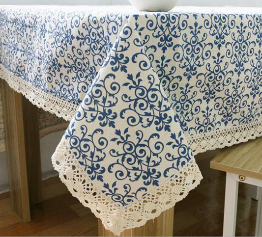 Blue Flower Retro Lace Tablecloth Chinese Style Cotton Table Cloth Rectangular Dinning Table Cloth for Table Picnic