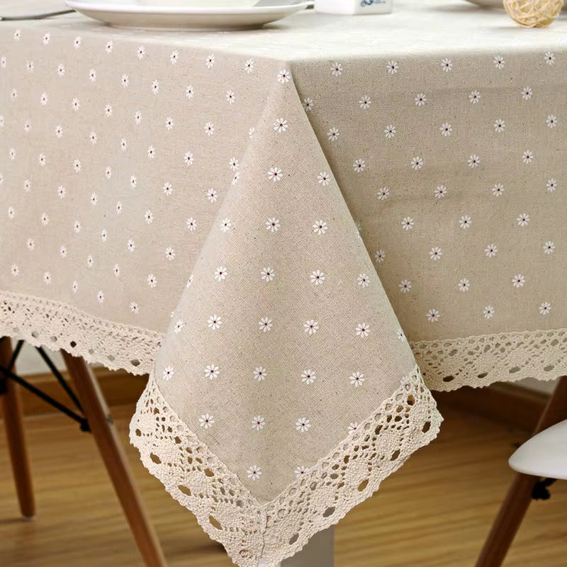 Flower Pattern Tablecloth Linen Cotton Table Cloth with Lace Dining Table Cover Ritual Rectangular Waterproof Tablecloth