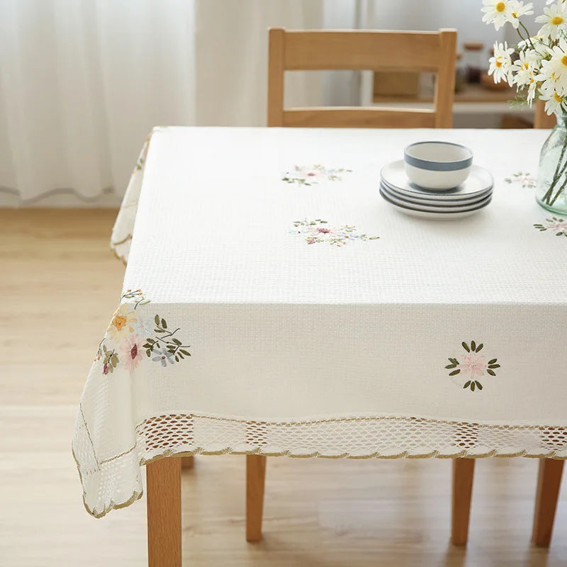 Europe Flowers Tablecloth White Hollow Lace Cotton Linen Dustproof Table Cloth 