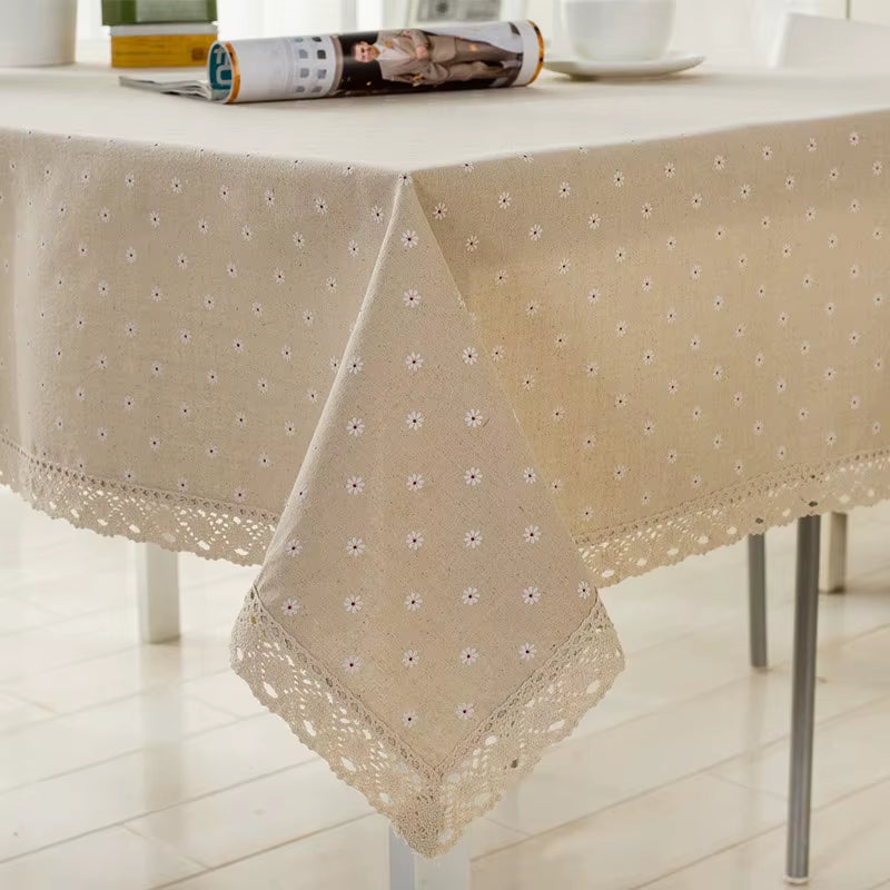 Flower Pattern Tablecloth Linen Cotton Table Cloth with Lace Dining Table Cover Ritual Rectangular Waterproof Tablecloth