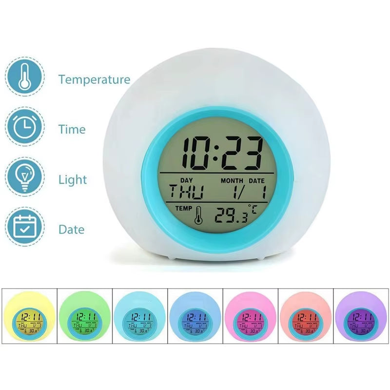 Kids Digital Alarm Clock 7 Color Night Light Snooze Temperature Detect Children Sleep Bedside Cute Wake up Timer Alarm Clock