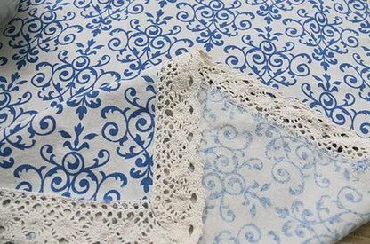 Blue Flower Retro Lace Tablecloth Chinese Style Cotton Table Cloth Rectangular Dinning Table Cloth for Table Picnic