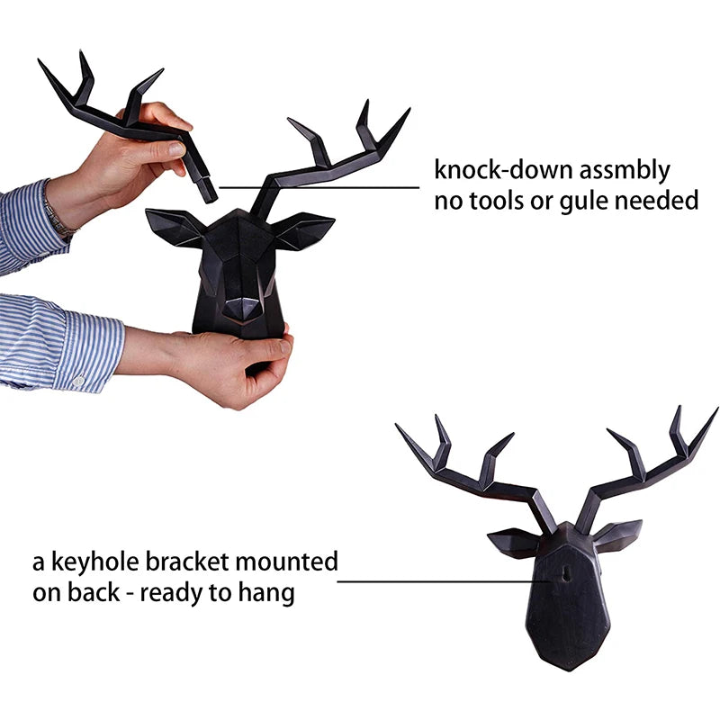 Deer Head Sculpture Animal Statue Figurines Wall Hanging Creative Elk Art Antlers Statuette for Office Decoration Wall Art