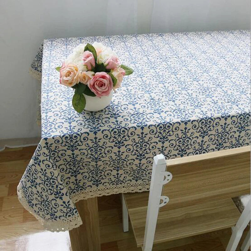 Blue Flower Retro Lace Tablecloth Chinese Style Cotton Table Cloth Rectangular Dinning Table Cloth for Table Picnic