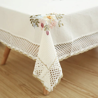 Europe Flowers Tablecloth White Hollow Lace Cotton Linen Dustproof Table Cloth 