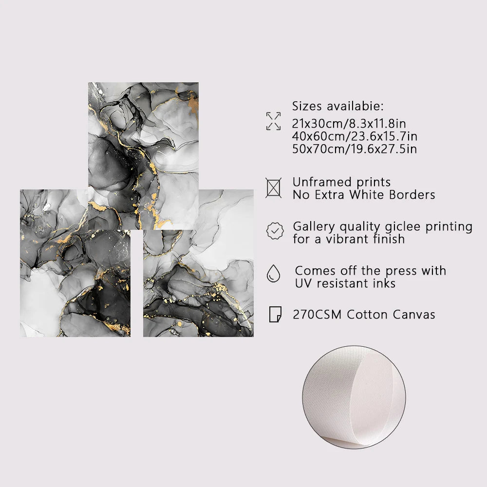 1/3PCS Frameless Abstract Black and White Gold Marble Home Wall Art Canvas Home Decor