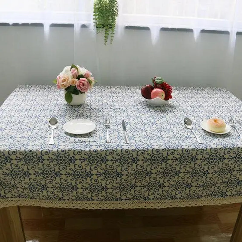 Blue Flower Retro Lace Tablecloth Chinese Style Cotton Table Cloth Rectangular Dinning Table Cloth for Table Picnic