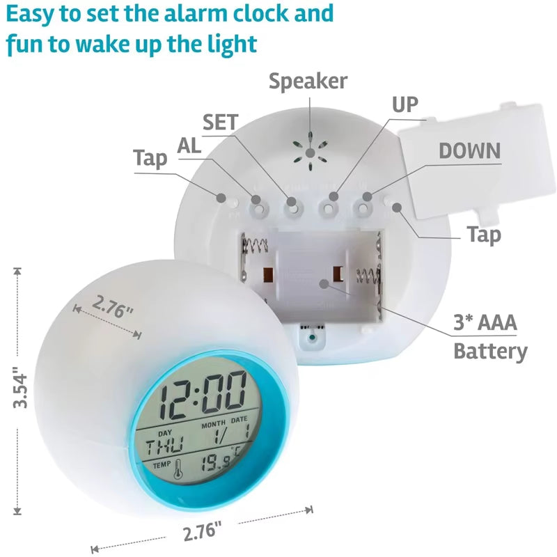 Kids Digital Alarm Clock 7 Color Night Light Snooze Temperature Detect Children Sleep Bedside Cute Wake up Timer Alarm Clock
